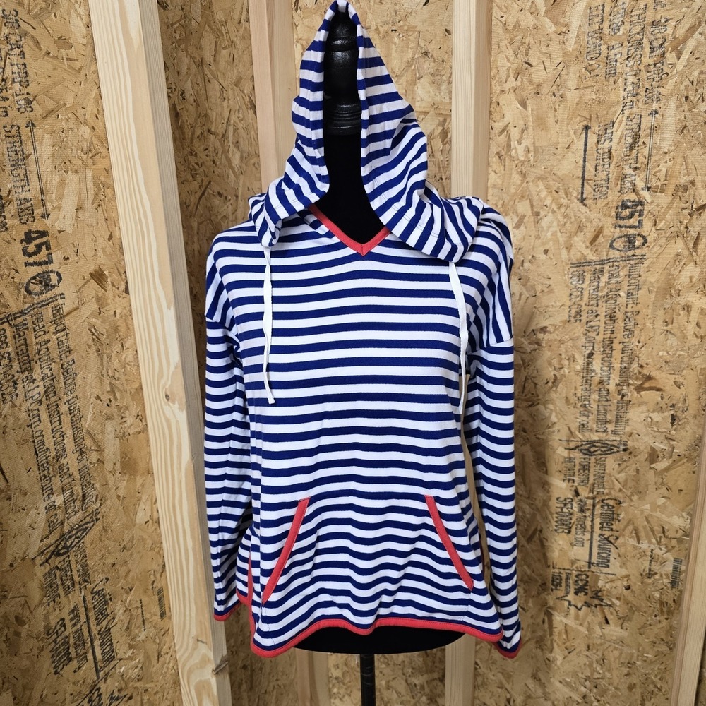 crown & ivy Blue and White Striped Hoodie with Coral Trim